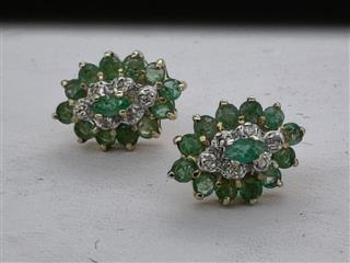 Emerald Gold-Diamond & Stone Earrings 12 Diamonds .36 Carat T.W.